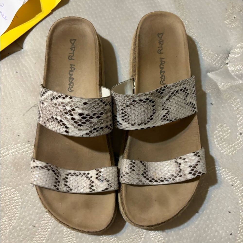 Dirty Laundry Cream and Black Sandals with Snakeskin Straps